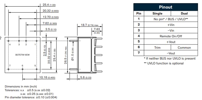 機械図面 - TRACO Power THN 20UIR 20W DC/DC鉄道コンバータ